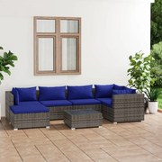 7 pcs conjunto lounge de jardim c/ almofadões vime PE cinza