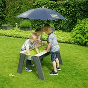 Mesa de piquenique para crianças com guarda-sol e ferramentas de jardinagem cinzenta