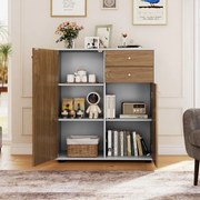 Aparador armário para cozinha ou sala 74 x 35 x 85,5 cm com 2 gavetas, 2 portas e 3 prateleiras ajustáveis, estilo rústico moderno Natural+Branco