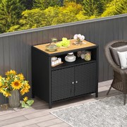 Armário buffet de rattan para exterior 90 x 53 x 86 cm com bancada em madeira de acácia com 2 portas Terraço Pátio jardim Preto