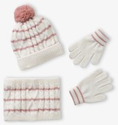 Conjunto tricotado gorro + gola snood + luvas/mitenes, para menina  cru