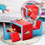 Poltrona Sofá Combinável para Crianças em Espuma de PVC Conjunto de Mesa e Cadeira Infantil Multifuncional Vermelho