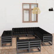 11 pcs conj. lounge de jardim + almofadões pinho maciço cinza