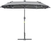 Outsunny Chapéu de Sol Duplo 295x150x219 cm com Luzes LED Solares Teto com Inclinação Ajustável e Manivela Manual para Jardim Cinza