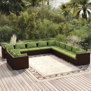 11 pcs conjunto lounge de jardim c/ almofadões vime PE castanho