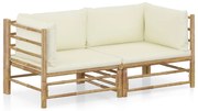 2 pcs conjunto lounge de jardim bambu c/ almofadões branco nata