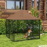 Parque para Cães com Toldo com Suporte Giratório para Comida 2 Tigelas Incluídas 141x141x151 cm Preto Castanho