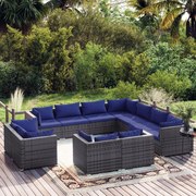 11 pcs conjunto lounge de jardim c/ almofadões vime PE cinza