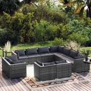 11 pcs conjunto lounge de jardim c/ almofadões vime PE cinzento