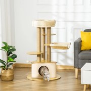 Árvore Arranhadora para Gatos Ø60x99 cm com Caverna Triangular de Feltro Removível Rede Cama Lavável Postes Arranhador de Juta e Bola Suspensa Bege e