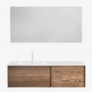 Conjunto De Móvel De Casa De Banho Suspenso 140x50 Cm Em Madeira Com Lavatório Integrado Solea Castanho Fresno & Retangular Led - Sklum
