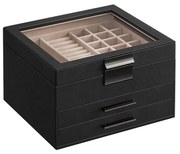Caixa para joias com tampa de vidro e vários compartimentos | SONGMICS | 23,1 x 20,3 x 13,5 cm | preto | JBC239BK.