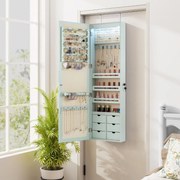 Armário para joias com espelho, iluminação LED 36,5 x 11,5 x 120 cm, fechadura para montar na porta e na parede, Verde