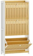 HOMCOM Sapateira Estreita com 3 Portas de Bambu Prateleiras Ajustáveis para 18 Pares de Sapatos 60x24x118 cm Branco e Madeira | Aosom Portugal