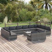 13 pcs conjunto lounge de jardim c/ almofadões vime PE cinzento