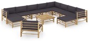 12 pcs conj. lounge jardim em bambu c/ almofadões cinza-escuro