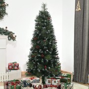 Árvore de Natal Artificial 150cm Ignífugo com 360 Ramos 38 Bagas Folhas de PVC Base Dobrável e Suporte Metálico Verde