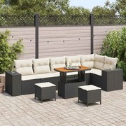 vidaXL Conjunto de Sofá de Jardim com 9 Peças e Almofadas Pretas em Rattan Sintético e Madeira de Acácia.
