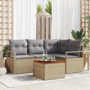 vidaXL Conjunto de Sofá para o Jardim com 5 Peças e Almofadas Beijes em Rattan Sintético de Acácia