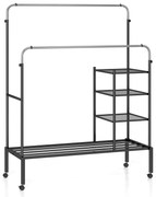 Carrinho de lavanderia de 3 seções com tábua de passar e rodas com trava - preto