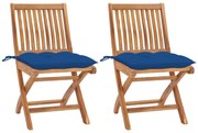 Cadeiras de jardim c/ almofadões azul 2 pcs teca maciça