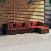 5 pcs conjunto lounge jardim c/ almofadões vime PE castanho