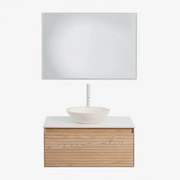 Conjunto De Móvel De Casa De Banho Suspenso 80x50 Cm Em Madeira De Freixo Tedrik Castanho Fresno & Cimento Redondo Branco Ø40 Cm Zavion - Sklum