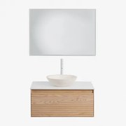 Conjunto De Móvel De Casa De Banho Suspenso Em Madeira De Freixo Tedrik Castanho Fresno & Cimento Redondo Branco Ø40 Cm Zavion & Led - Sklum