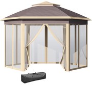 Outsunny Tenda Dobrável 4,05x3,4x2,85 m Tenda de Jardim Hexagonal com 6 Mosquiteiras Amovíveis e Altura Ajustável Bege