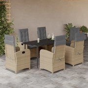 vidaXL 7 pcs conj. jantar jardim c/ almofadões vime PE bege misturado