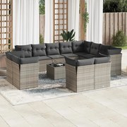vidaXL 13 pcs conjunto sofás p/ jardim c/ almofadões vime PE cinzento