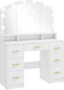 HOMCOM Toucador com 10 Luzes LED de 3 Cores Toucador de Maquilhagem com Espelho  7 Gavetas 3 Compartimentos Moderno 110x40x150 cm Branco | Aosom Portugal