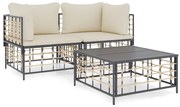 3 pcs conjunto lounge de jardim c/ almofadões vime PE antracite