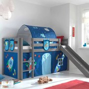 Conjunto Cama alta de Criança PINO 90 x 200 cm + estrado + escada + escorrega + tunel + cortina + bolsas de arrumação Astronauta Cinzenta