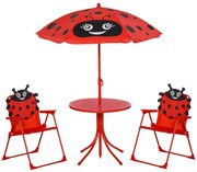 Outsunny Conjunto Mesa Cadeira Infantil Jardim Dobrável Chapéu Sol Ajustável Joaninha Resistente Portátil Vermelho 100-125cm | Aosom Portugal