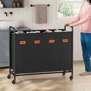 Cesto da roupa suja 200 L com rodas e 3 compartimentos Preto