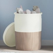 vidaXL Cesto de arrumação com tampa Ø37x50cm algodão castanho e branco