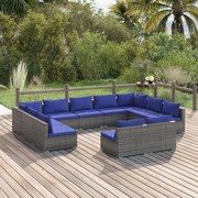 11 pcs conjunto lounge de jardim c/ almofadões vime PE cinzento