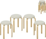 HOMCOM Conjunto de 4 bancos estofados, empilháveis, superfície laqueada, pés de madeira, Creme branco | Aosom Portugal