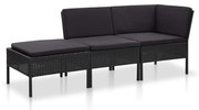 3 pcs conjunto lounge de jardim c/ almofadões vime PE preto