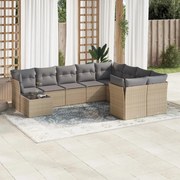 vidaXL 10 pcs conjunto de sofás p/ jardim com almofadões vime PE bege