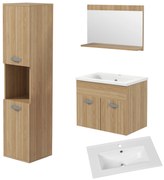 kleankin Conjunto de Móveis Casa de Banho 3 Peças com Espelho Móvel com Lavatório Cerâmico e Coluna de Casa de Banho Madeira | Aosom Portugal