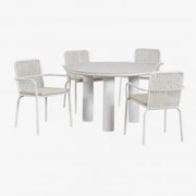 Conjunto De Mesa Redonda Arken, Ø120, Em Cerâmica E Alumínio, E 4 Cadeiras De Jantar Em Alumínio Alberta Com Braços. Crema - Sklum
