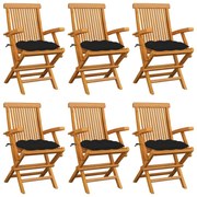 vidaXL Cadeiras de jardim c/ almofadões pretos 6 pcs teca maciça