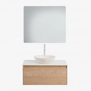 Conjunto De Móvel De Casa De Banho Em Madeira De Freixo Tedrik Castanho Fresno & Cimento Redondo Branco Ø40 Cm Zavion & Led - Sklum