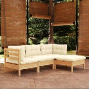 vidaXL 4 pcs conjunto lounge jardim c/ almofadões cor creme pinho