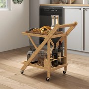 Carro de serviço de cozinha em bambu 66 x 40 x 70 cm, dobrável, com 2 tabuleiros, 4 rodas e 3 compartimentos para garrafas de vinho,, madeira natural