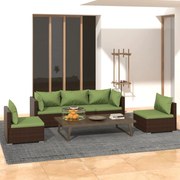 5 pcs conjunto lounge de jardim c/ almofadões vime PE castanho