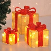 HI Caixa presente de natal com fitas vermelhas e luzes LED 3 pcs