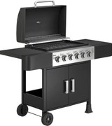 Outsunny Barbecue a Gás Barbeceu com 6 Queimadores 15 kW Termómetro 2 Prateleiras Laterais eArmário 135x51x101 cm Preto | Aosom Portugal